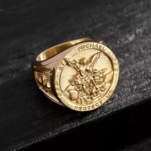 St. Micheal Protect Us Angel Signet Ring Stainless Steel Men's Biker Punk Ring - Picture 1 of 3