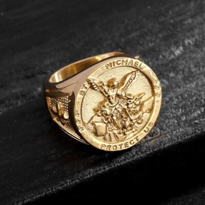St. Micheal Protect Us Angel Signet Ring Stainless Steel Men's Biker Punk Ring - Image 1 of 3