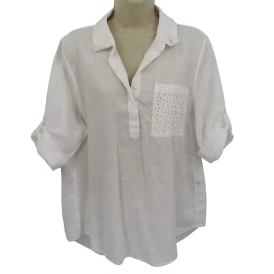 Blusa Top Chicos Mujeres 2 Grandes 12 Blanco Lino Cuello Ojales Encaje Bolsillo Foto 1 de 4