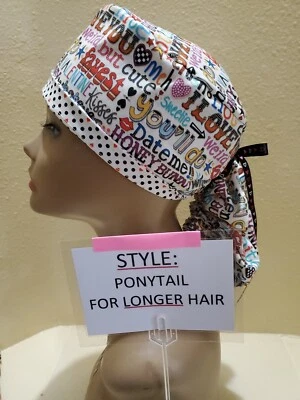 Valentine Scribble Women's Ponytail Surgical Scrub Hat/Cap Handmade - Image 1 of 4