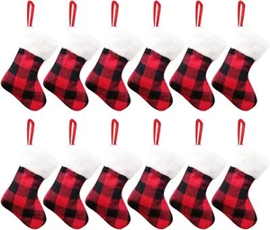 12 Piezas Medias de Navidad Buffalo Cuadros Rojo y Negro Mini 7" Medias de Navidad - Imagen 1 de 10
