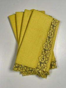 4 Yellow Linen & Lace CLOTH NAPKINS 16" Square Floral Lace Gray Minor Stains - Picture 1 of 14