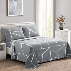 Printed Rayon from Bamboo Deep Pocket 6 Pieces Sheet Set, Grey Geometric King - Picture 1 of 8