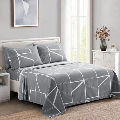 Juego de sábanas 6 piezas de bolsillo profundo de bambú estampado de rayón, gris geométrico rey Foto 1 de 4