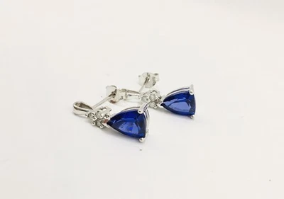 Elegant Trillion-Cut Sapphire and Diamond Earrings in 10k White Gold, 1.5ctw, 2g - Image 1 of 4