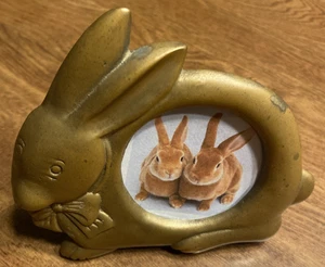Vintage Bunny Rabbit Photo Picture Frame Cast Brass? Patina Metal Ornate Stand - Picture 1 of 24