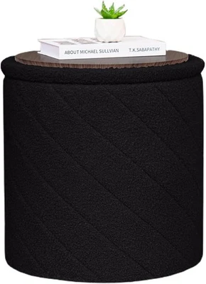 Black Boucle Round Storage Ottoman Stool Footrest Vanity Seat - Image 1 of 4
