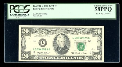 DBR 1995 $20 FRN San Francisco Fr. 2082-L PCGS 58 PPQ Serial L00942523G - Image 1 of 2