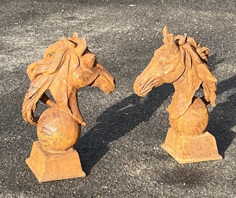 Pair Of Horse Head Statues, Cast Iron, Large In Size Cover