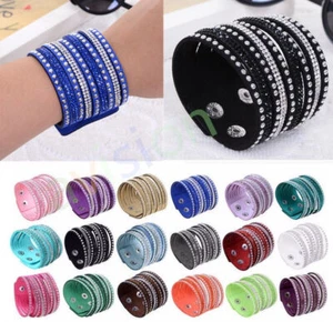 Pulsera de cuero multicapa para envolver, pulsera de pedrería de cristal punk - Imagen 1 de 3