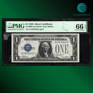 CA Fr.1600 1928 AA BLOCK $1 Silver Certificate "FUNNY BACK", PMG 66 EPQ, 76042 - Picture 1 of 2