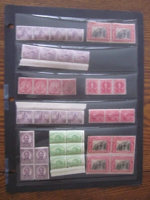 1 page of 39 1920-30s curled US stamp multiples: strips blocks selvage MNH - Image 1 of 4