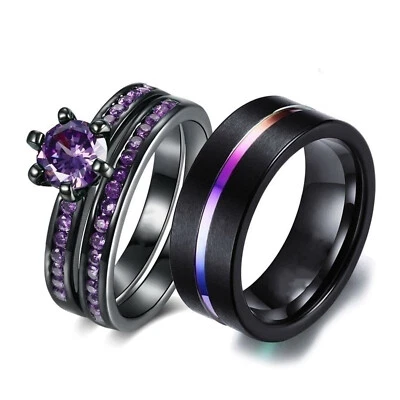 Conjunto de alianzas de promesa de pareja de anillo de boda de acero inoxidable con circonita cúbica ranura púrpura para hombres y mujeres Foto 1 de 4