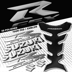 CHROME/BLACK PRO GRIP FUEL TANK PAD+6"3D SUZUKI LOGO+GSXR FAIRING EMBLEM STICKER - Picture 1 of 9