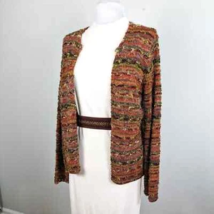 Vintage Talbots Cardigan Sweater Fuzzy Chunky Colorful Stripe Brown Orange 90s M - Picture 1 of 13