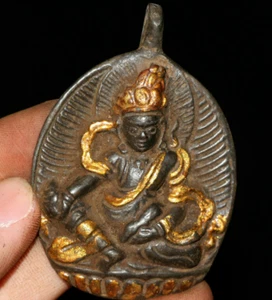 6CM Old Tibet Bronze Gilt Buddhism Temple Yellow Jambhala Buddha Amulet Pendant - Picture 1 of 4