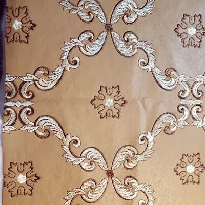 CAMEL PEBBLE GRAIN EMBROIDERED VINYL FABRIC 55" BROWN DAMASK ROCOCO VINES - Image 1 of 4