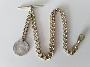 Antique Pocket Watch Chain  T-Bar Dog Clip 1921 Fob Coin graduated curb 28g - Picture 1 of 11