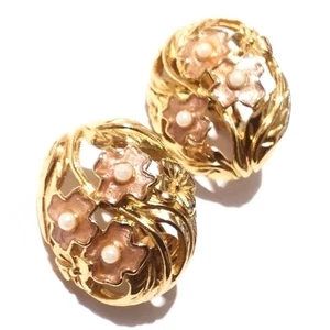 Vintage Gold Tone Floral Enameled Clip On Earrings - Picture 1 of 5