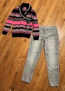 Lot of 2 Girls Jeans Shirt Justice Sz 12.5 Gray Sweater Long Sleeve Size 14/16 - Picture 1 of 7