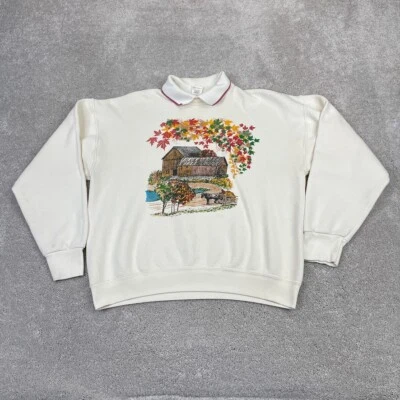 VINTAGE Sweatshirt Womens Large Off White Farm Scene Barn Autumn Horse 90s - Image 1 of 4