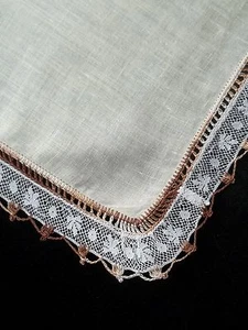Needlework Edge Hankie Vintage Pale Yellow Handkerchief Brown Crochet Edge 693 - Picture 1 of 7