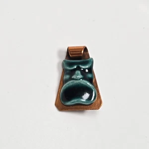 Vintage Comedy Tragedy Mask Brooch Ceramic Teal Green on Copper Pin or Pendant - Picture 1 of 8