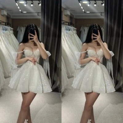 Short Beach Wedding Dresses Glitter Off Shoulder Sequined Mini Bridal Gowns - Image 1 of 4