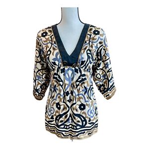 Hale Bob Womens Kimono Sleeve Top Blouse Silk V-neck Blue Beige White Print S