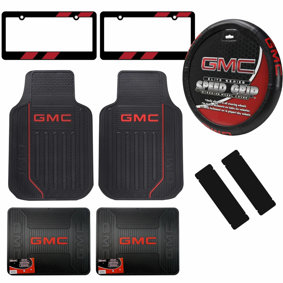 9pc GMC SUV Truck All Weather Floor Mats Steering Wheel Cover Seat Belt Pads Foto 1 de 4