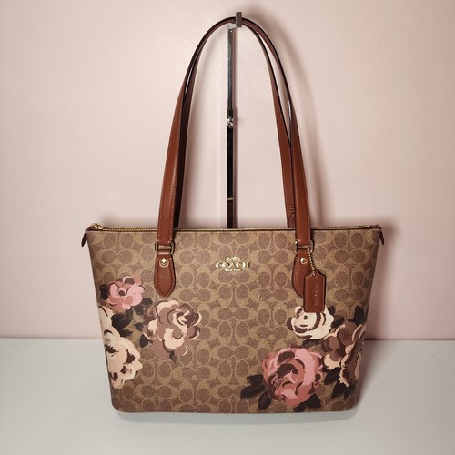 Borsa Coach CZ180 Signature Rose Gallery nuova con etichette tote top zip marrone multi