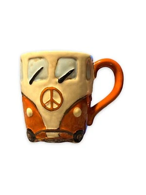 Кружка керамическая художественная ручной работы VW Volkswagon Bus 4 дюйма обожженная оранжевая коричневая - Изображение 1 из 4