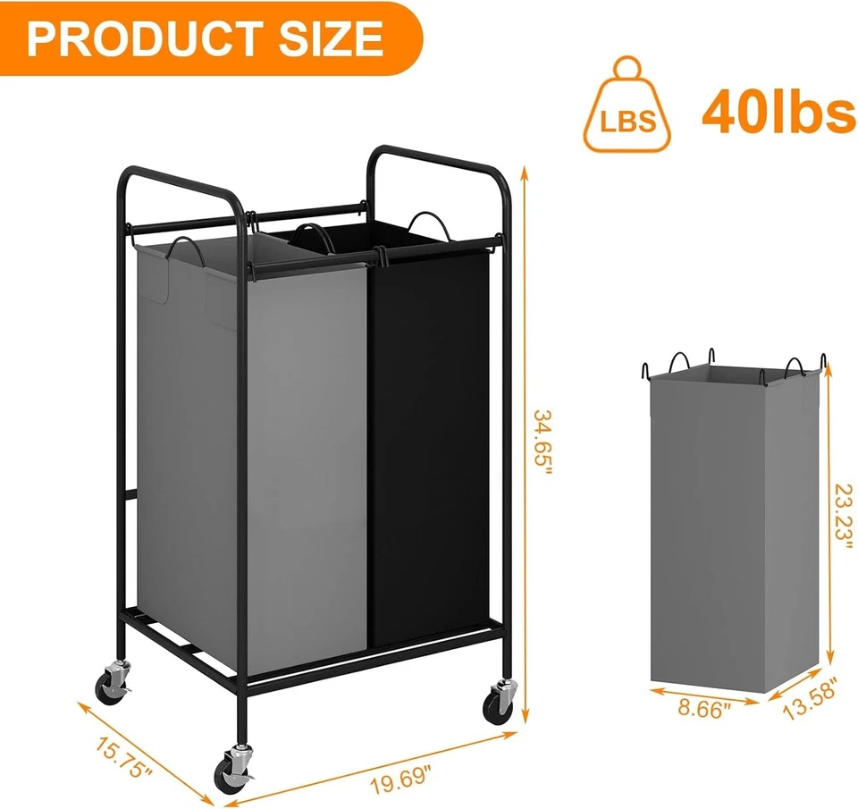 Laundry Sorter 2 Bag Laundry Hamper Cart With Rolling Lockable Wheels And Remova - Image 1 of 4
