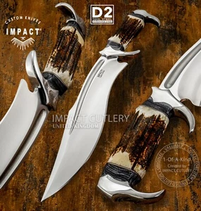 1-OF-A-KIND IMPACT CUTLERY CUSTOM D2 TOOL STEEL BOWIE KNIFE BONE STAG HANDLE - Picture 1 of 15
