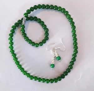 6mm GREEN JADE necklace earrings SET SP FISH HOOK - Picture 1 of 5