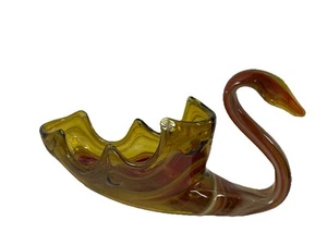 Sooner Murano Style Amber Hand blown Art Glass Swan dish bowl earth tone 16x8x5” - Picture 1 of 22