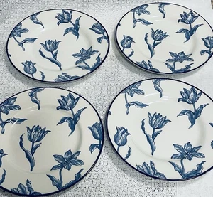 Lot of 4 Salad Dessert Royal Standard Earthenware England Tulips Blue Trim 8-1/2 - Picture 1 of 5