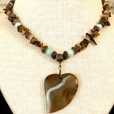 Heart Necklace Fire Agate W TigersEye/aquamarine/Quartzite/Wood 17-1/2” USA 1762 - Image 1 of 4