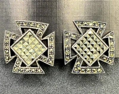 Vintage Sterling Silver & Marcasite Maltese Iron Cross Earrings  - Image 1 of 4
