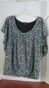 STYLE & CO~ Blue Green Black FLORAL PULL OVER TOP BLOUSE SHIRT~ Womens XL - Picture 1 of 4