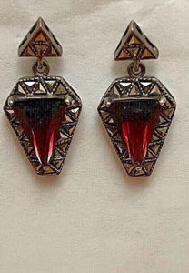 Vintage Sterling Silver Marcasite Maroon Glass Dangle Drop Pierced Earrings ๐ - Picture 1 of 7