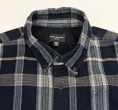 Club Monaco Slim Fit Mens Large Black Check Flannel Logo Tag Button Down Shirt - Image 1 of 4