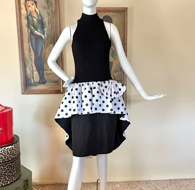 Vintage 1980s Polka-dot Peplum Party Dress Halter Mini Black & White S/M - Image 1 of 4