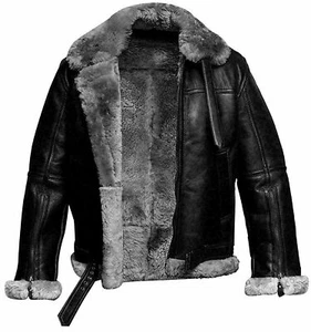 Men's RAF Aviator B3 Flying Bomber Sheep Skin Real Leather Jacket Black Grey - Picture 1 of 3