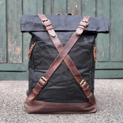 Canvas Rolltop Rucksack, gewachster Damenrucksack oder Herrenrucksack Segeltuch - Bild 1 von 4
