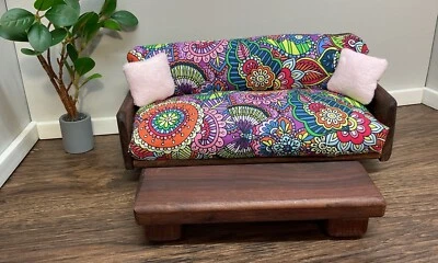 Handmade For Barbie MOD 70s Upholstered And Wooden Sofa And Coffee Table Set 1:6 - Image 1 of 4