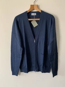 John Smedley Merinowolle Reißverschluss Strickjacke Größe M 22" Neu Geschenk UVP 345 £ marineblau - Bild 1 von 8