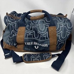 Vintage Y2k True Religion Canvas Jean Faux Suede Weekend Unisex Travel Duffel B - Picture 1 of 10