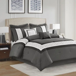8 Piece Embroidered Comforter Set Dark Grey Cal King - Picture 1 of 12