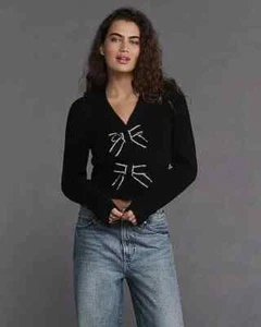 EXPRESS Embellished Rhinestone Bow V-Neck Cardigan L - Picture 1 of 4